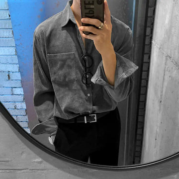 Riolio Hong Kong Style Vintage Corduroy Shirt Men's Long-sleeved Top Loose Large-size Lapel Shirt Casual White Button Blouse Jacket